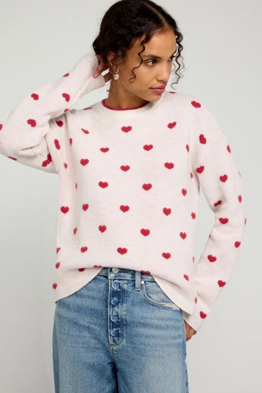 Splendid SzM Lolly Hearts White Red Crewneck Long Sleeve Wool Valentines Sweater